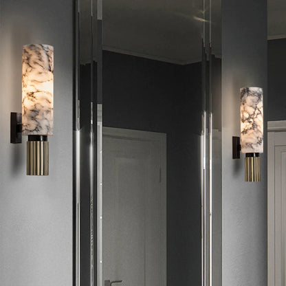 Wall Lamp Art Deco with Marble Cylinder Shade and Ribbed Brass Base