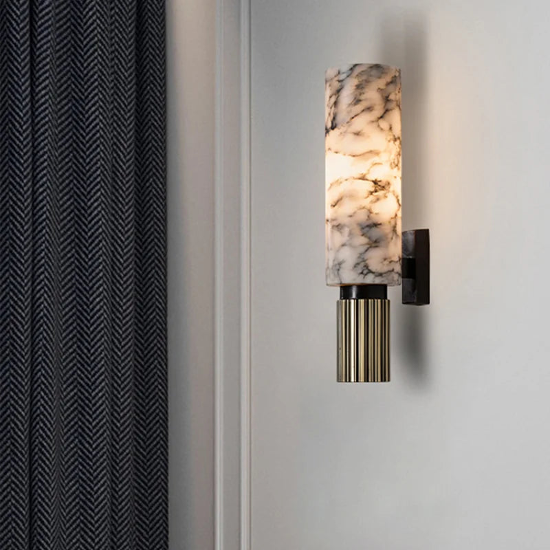 Wall Lamp Art Deco with Marble Cylinder Shade and Ribbed Brass Base