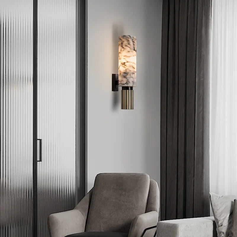 Wall Lamp Art Deco with Marble Cylinder Shade and Ribbed Brass Base
