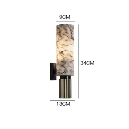 Wall Lamp Art Deco with Marble Cylinder Shade and Ribbed Brass Base