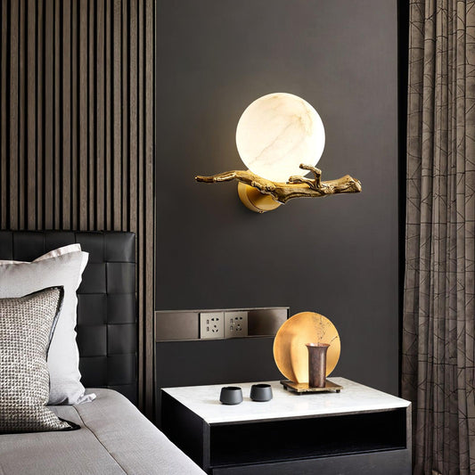 Wall Lamp Art Deco with Marble Globe Shade and Branch Detail