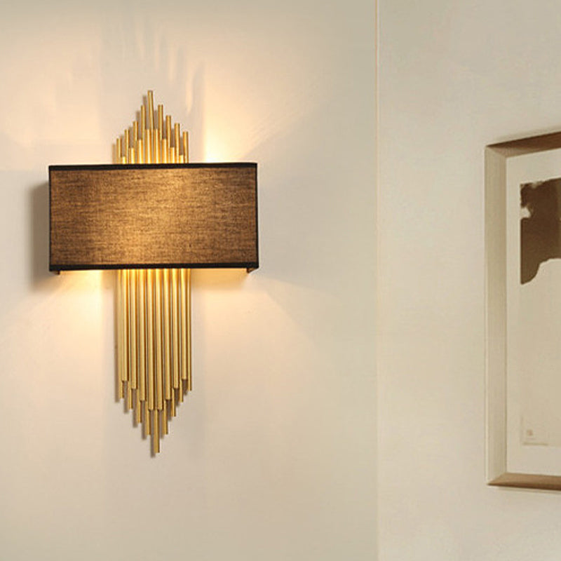 Wall Lamp Art Deco with Rectangular Fabric Shade and Gold Tube Frame