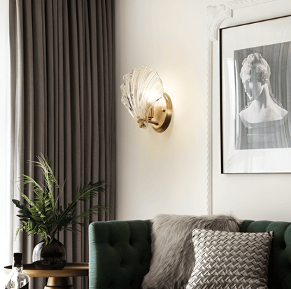 Wall Lamp Art Deco with Shell-Shaped Glass Shade and Brass Base