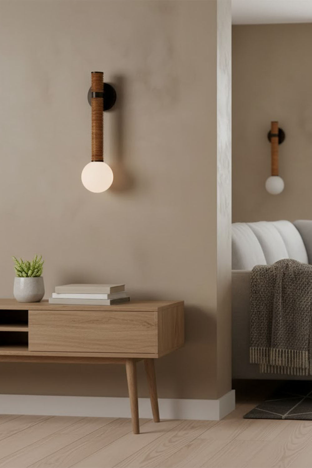 Wall Lamp Bohemian with Rattan-Wrapped Stem and Globe Bulb