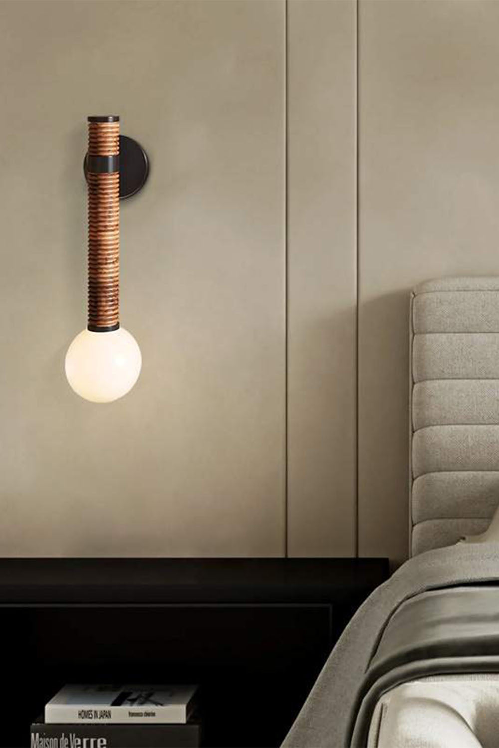 Wall Lamp Bohemian with Rattan-Wrapped Stem and Globe Bulb