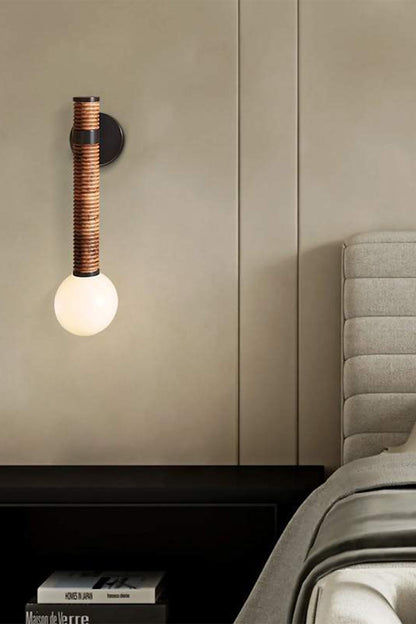 Wall Lamp Bohemian with Rattan-Wrapped Stem and Globe Bulb