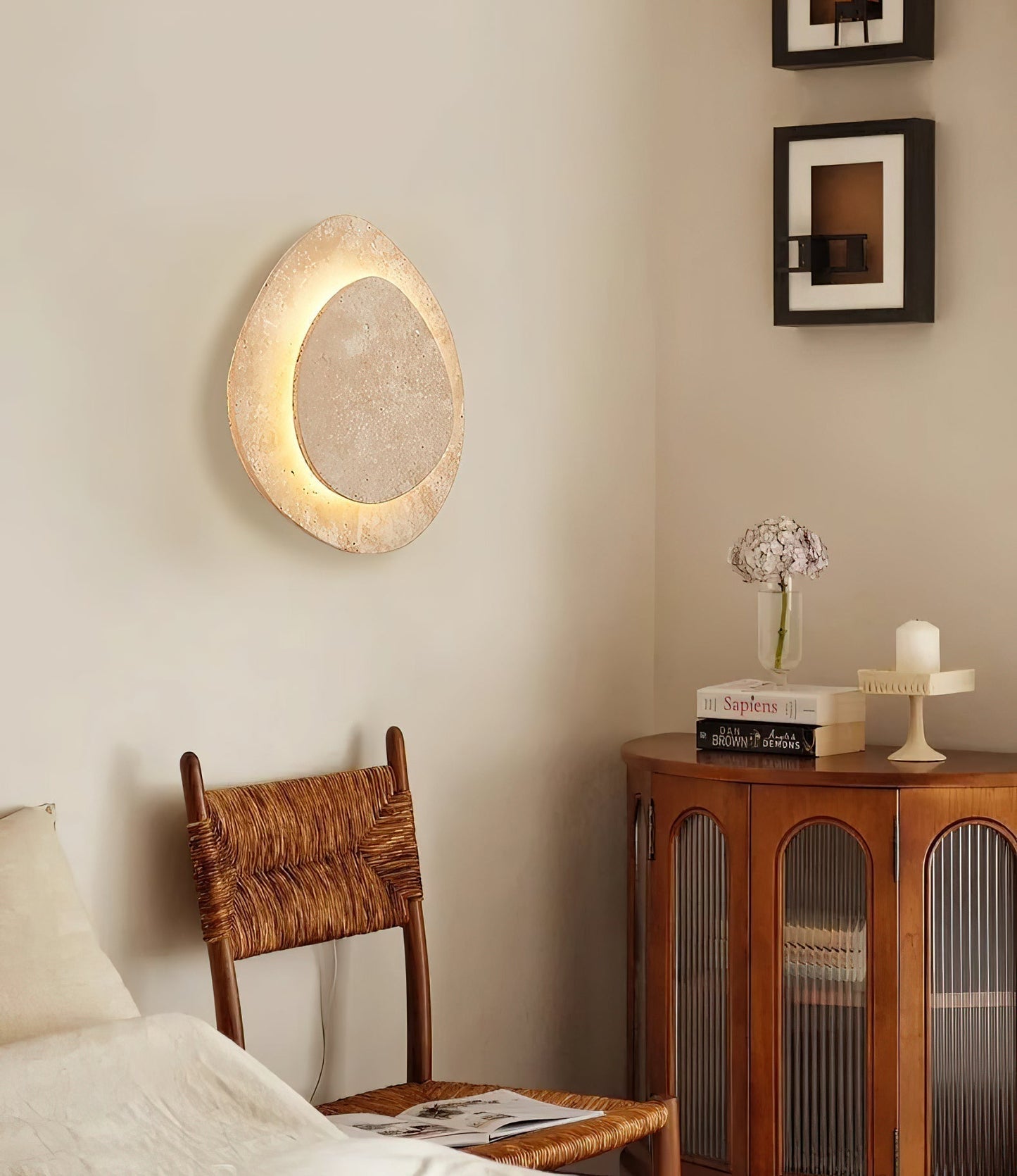 Wall Lamp Minimalist Travertine Stone with Integrated LED and Organic Shape