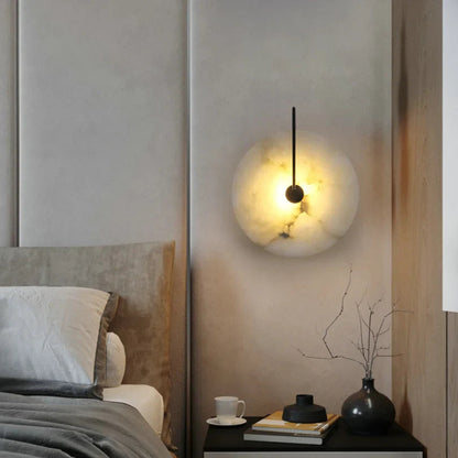 Wall Lamp Modern Art Deco with Round Marble Disc and Metal Arm