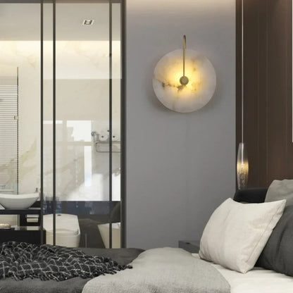 Wall Lamp Modern Art Deco with Round Marble Disc and Metal Arm