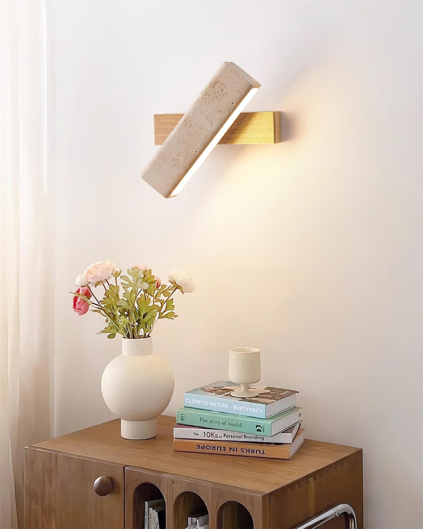 Wall Lamp Modern Rotatable with Travertine Stone and Wood Base