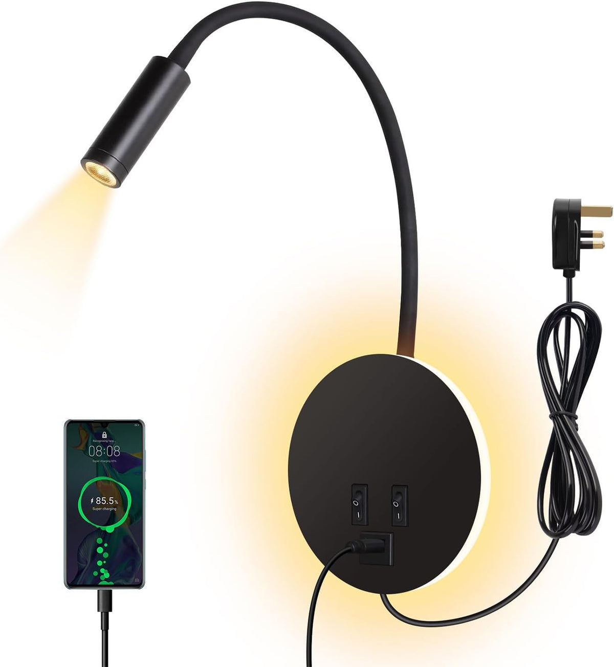 Wall Lamp Modern with Flexible Gooseneck Spotlight, Backlight and USB Charging Port