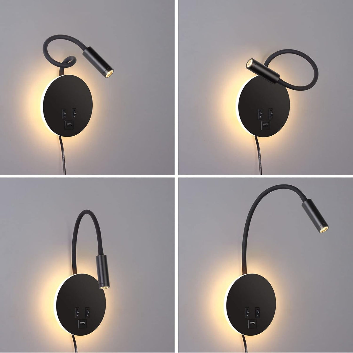 Wall Lamp Modern with Flexible Gooseneck Spotlight, Backlight and USB Charging Port
