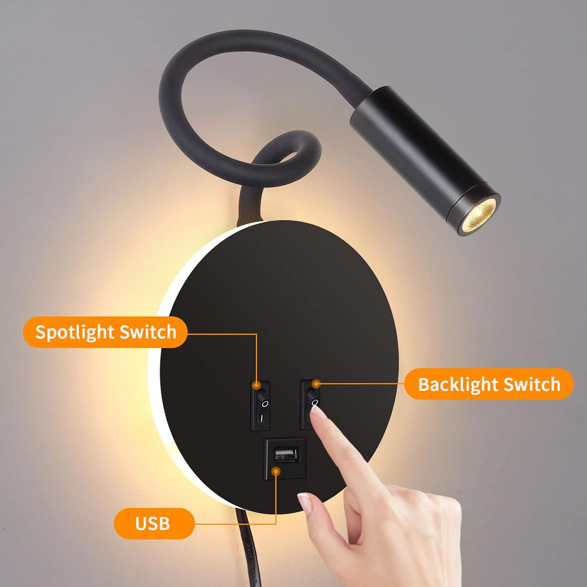 Wall Lamp Modern with Flexible Gooseneck Spotlight, Backlight and USB Charging Port