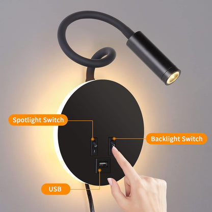 Wall Lamp Modern with Flexible Gooseneck Spotlight, Backlight and USB Charging Port