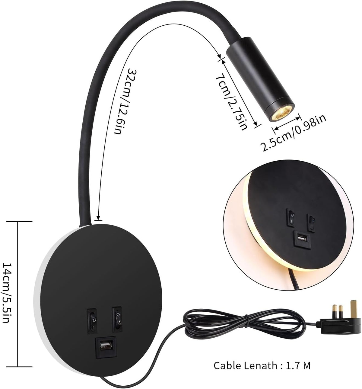 Wall Lamp Modern with Flexible Gooseneck Spotlight, Backlight and USB Charging Port