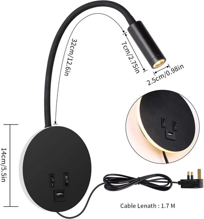 Wall Lamp Modern with Flexible Gooseneck Spotlight, Backlight and USB Charging Port