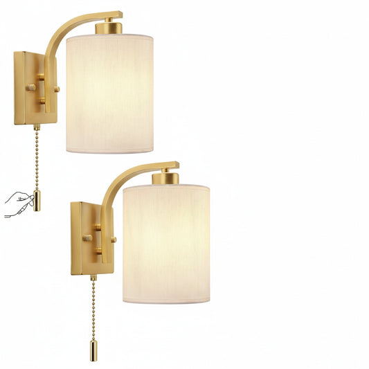 Wall Lamp Modern with Pull Cord Switch and Fabric Shade Set of 2