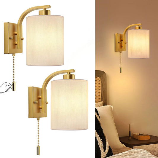Wall Lamp Modern with Pull Cord Switch and Fabric Shade Set of 2