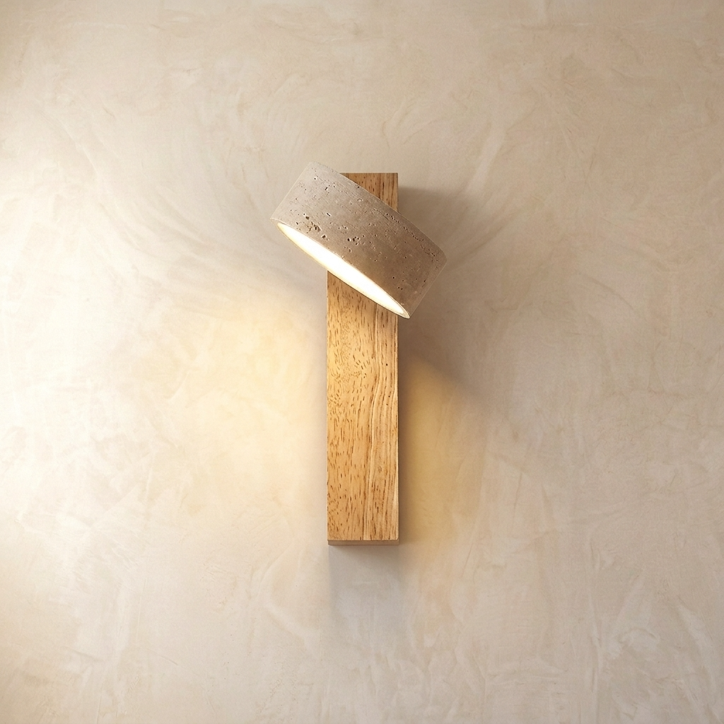 Wall Lamp Scandinavian with Adjustable Travertine Stone Head and Pull Chain Switch