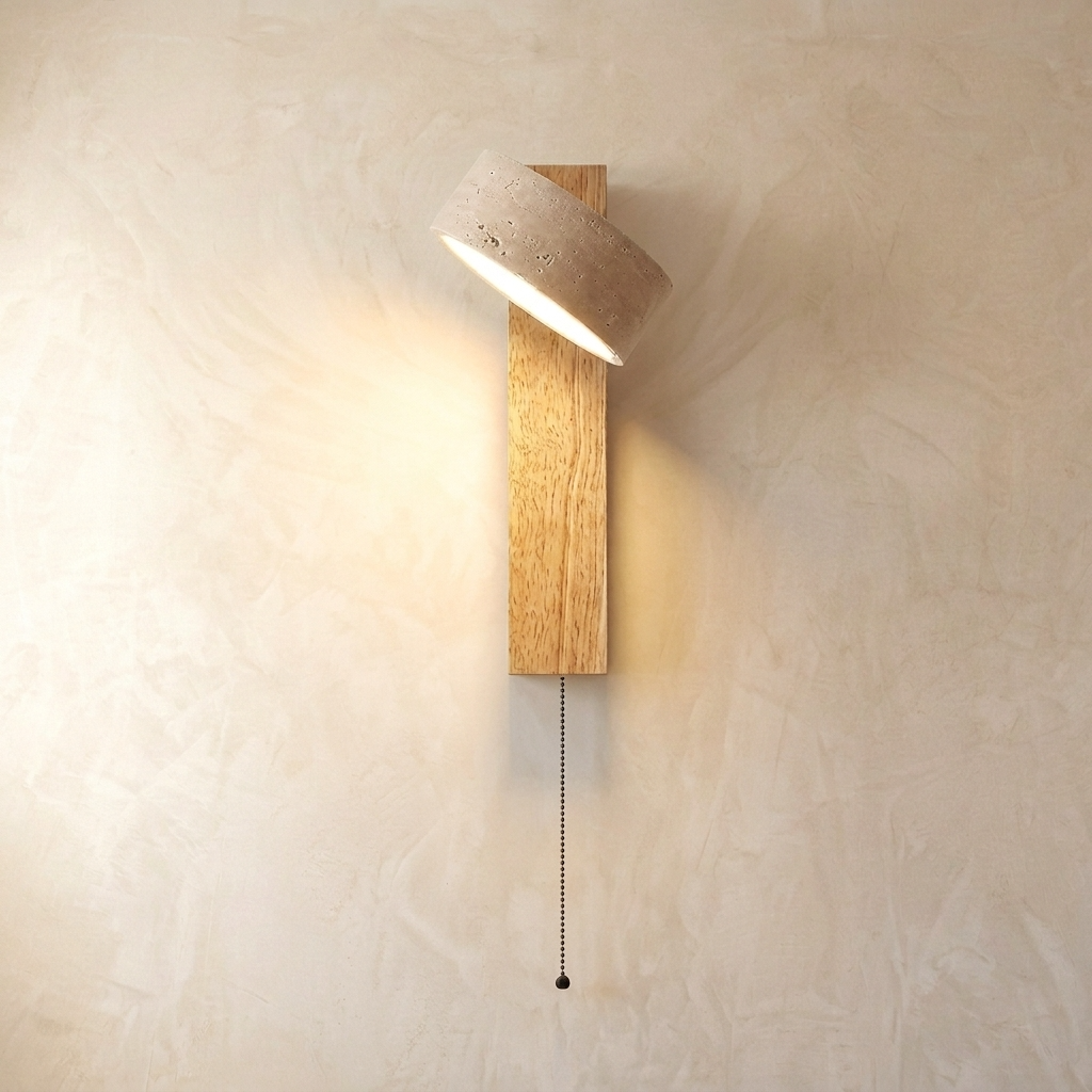Wall Lamp Scandinavian with Adjustable Travertine Stone Head and Pull Chain Switch