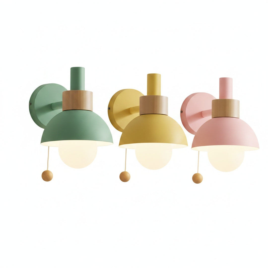 Wall Lamp Scandinavian with Pull Cord Switch and Wood Detail