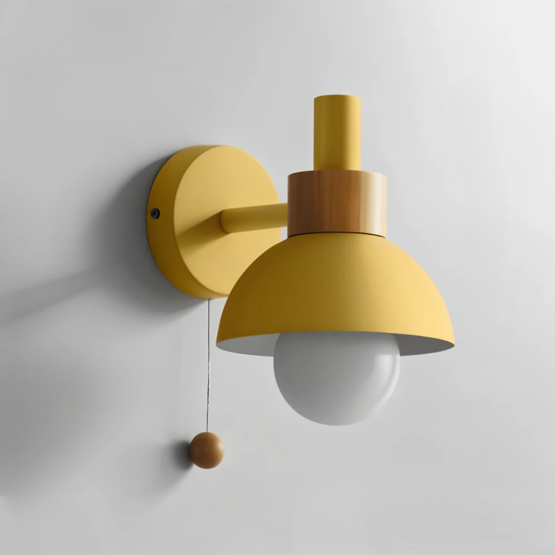 Wall Lamp Scandinavian with Pull Cord Switch and Wood Detail