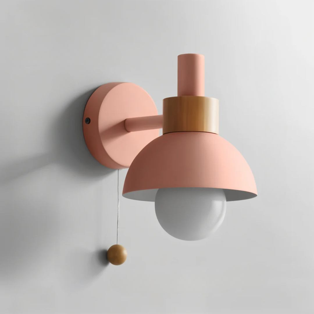 Wall Lamp Scandinavian with Pull Cord Switch and Wood Detail