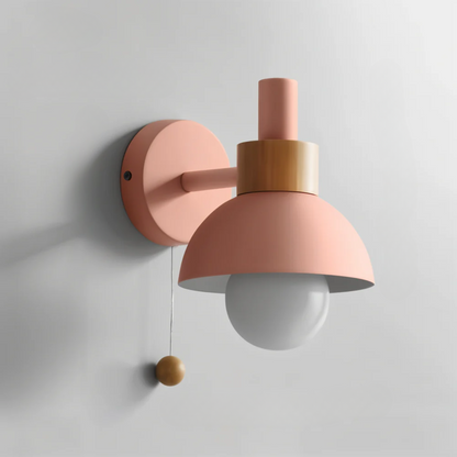 Wall Lamp Scandinavian with Pull Cord Switch and Wood Detail