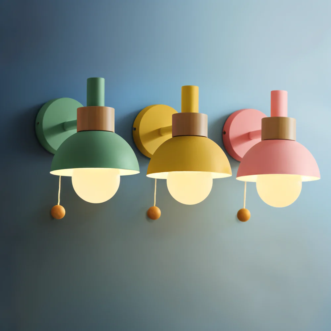 Wall Lamp Scandinavian with Pull Cord Switch and Wood Detail