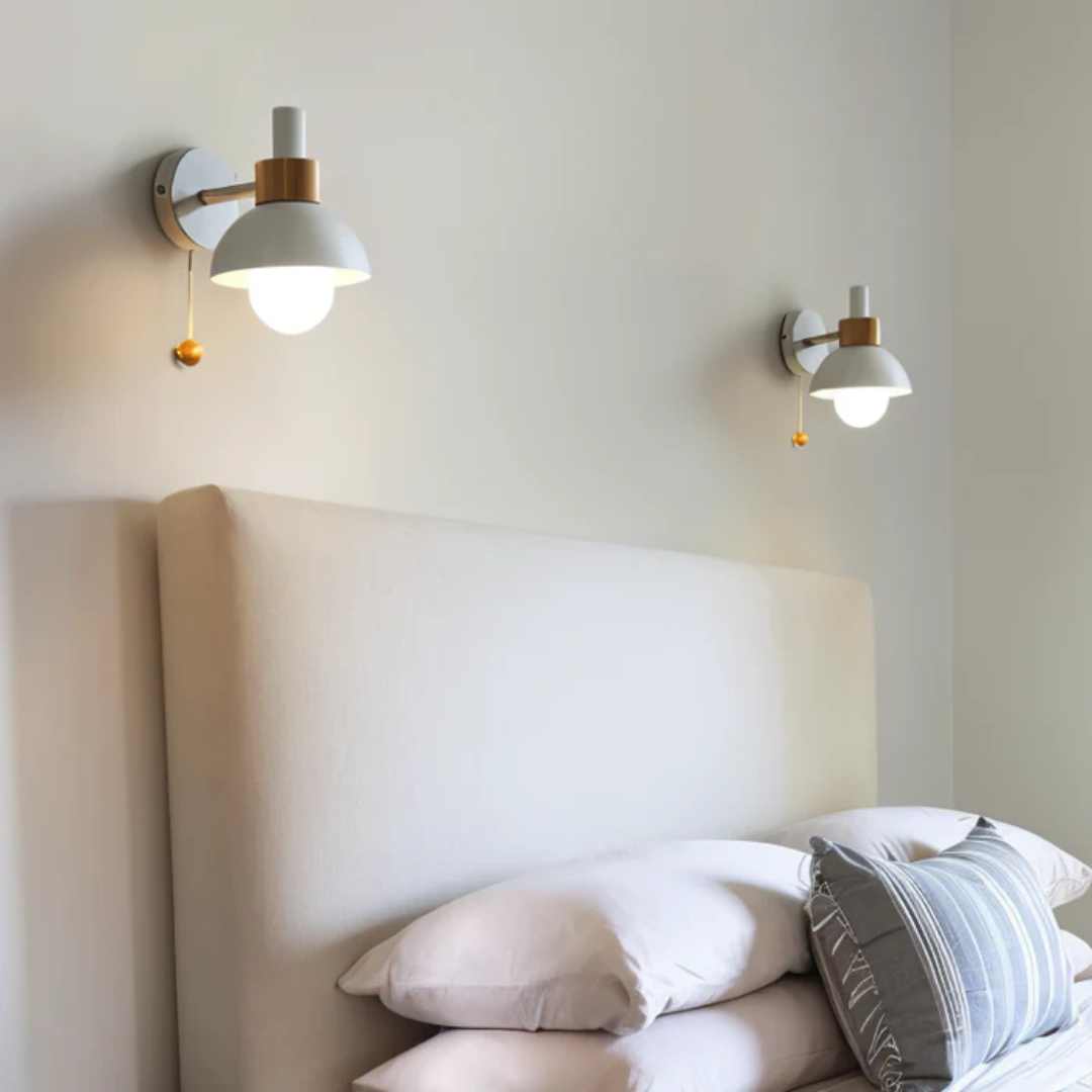 Wall Lamp Scandinavian with Pull Cord Switch and Wood Detail