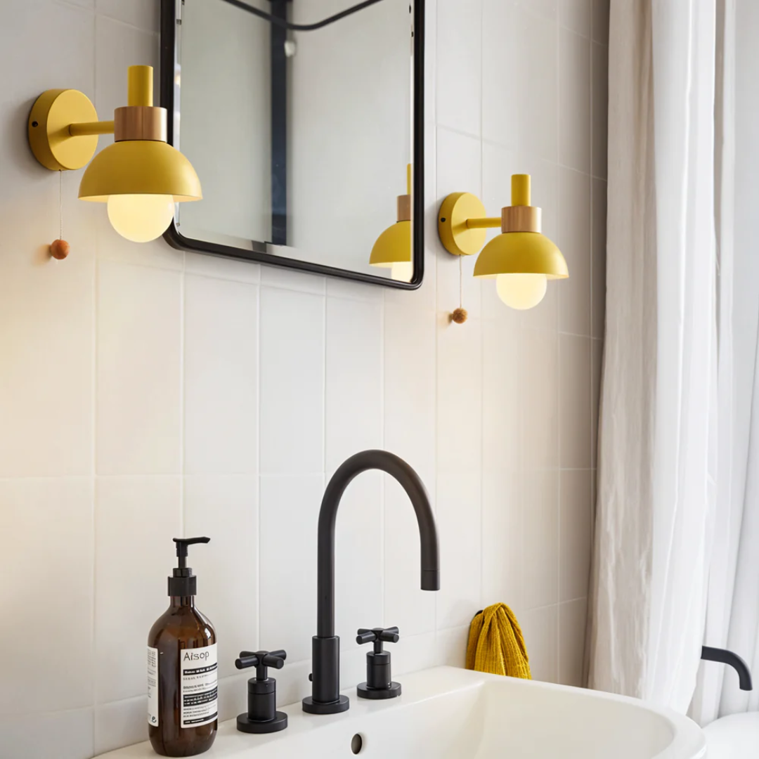 Wall Lamp Scandinavian with Pull Cord Switch and Wood Detail