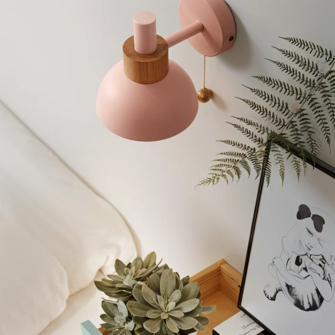 Wall Lamp Scandinavian with Pull Cord Switch and Wood Detail