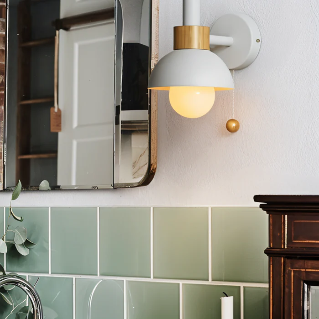 Wall Lamp Scandinavian with Pull Cord Switch and Wood Detail
