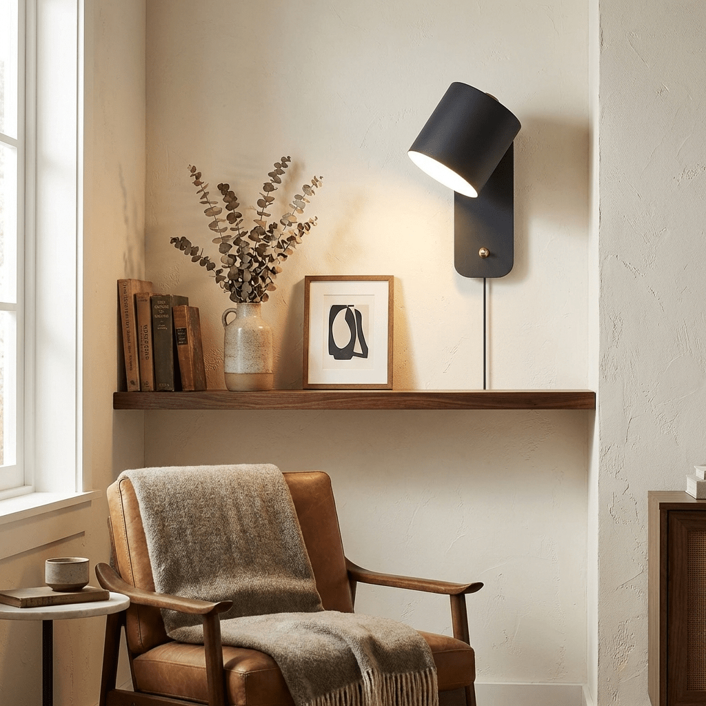 Wall Lamp Scandinavian with Rotatable Cylinder Shade and Plug-In Cord