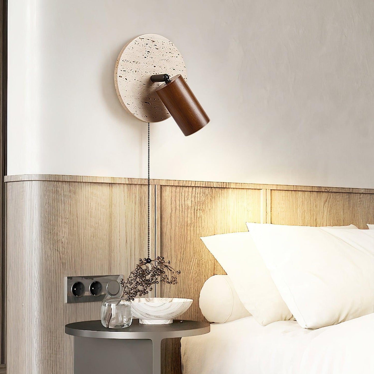 Wall Lamp Scandinavian with Travertine Disc Backplate and Swivel Spotlight