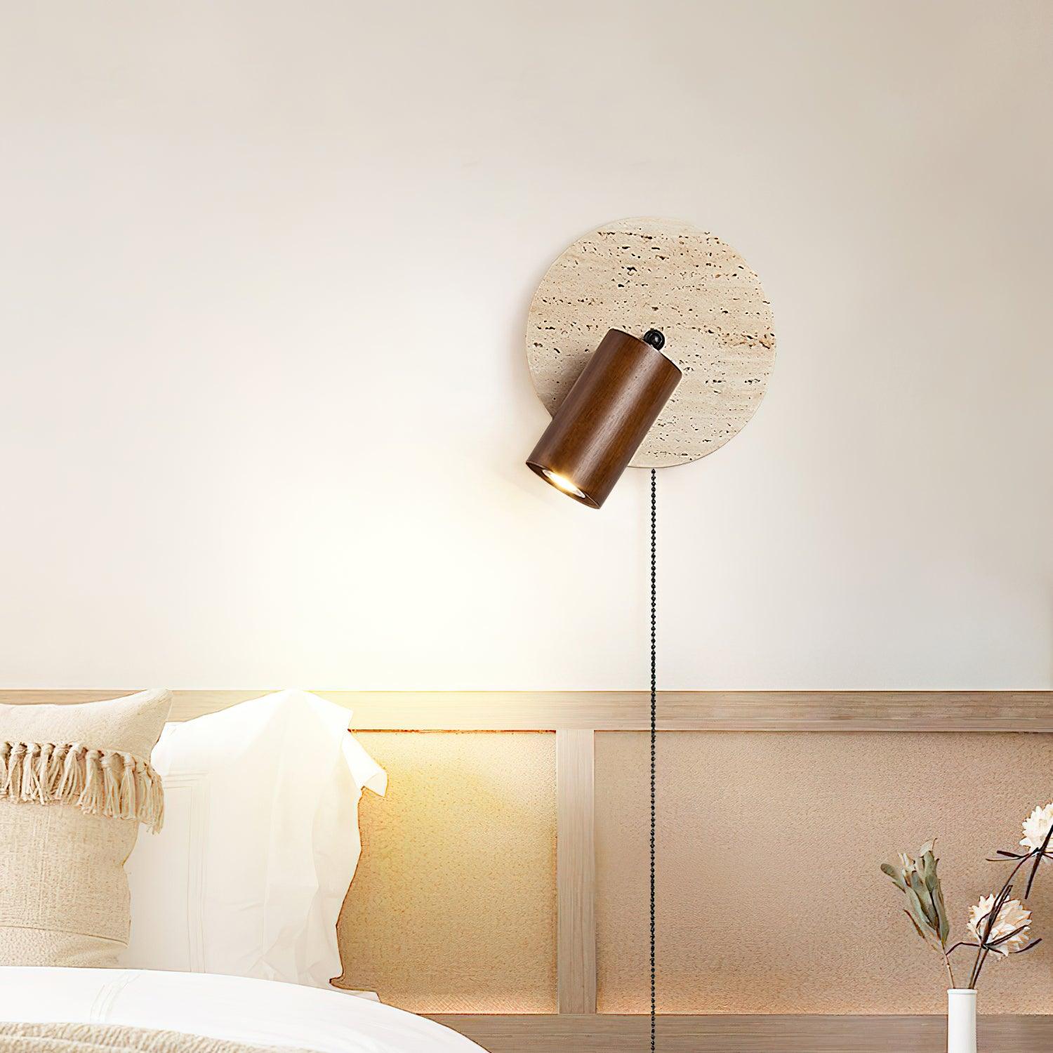 Wall Lamp Scandinavian with Travertine Disc Backplate and Swivel Spotlight