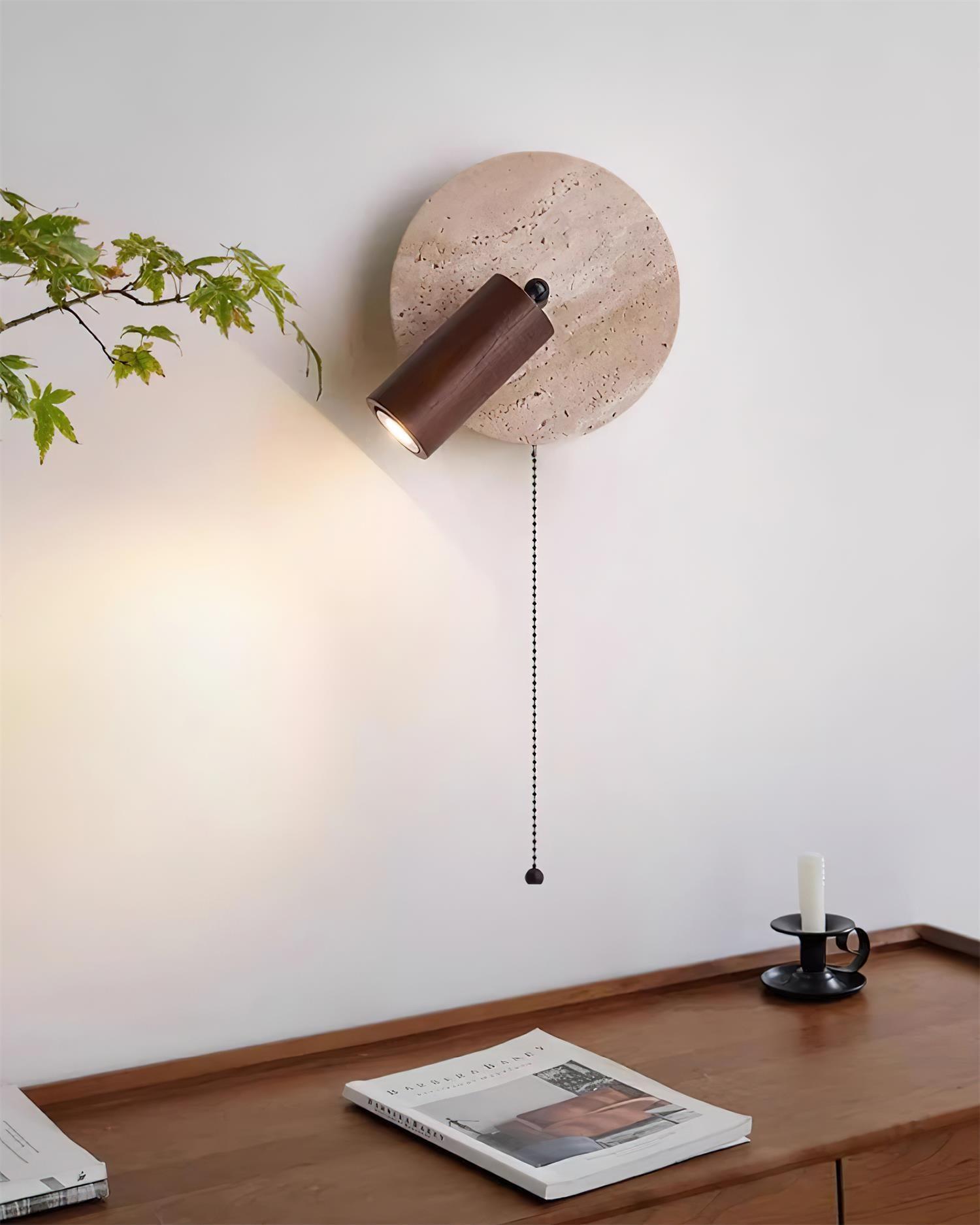 Wall Lamp Scandinavian with Travertine Disc Backplate and Swivel Spotlight