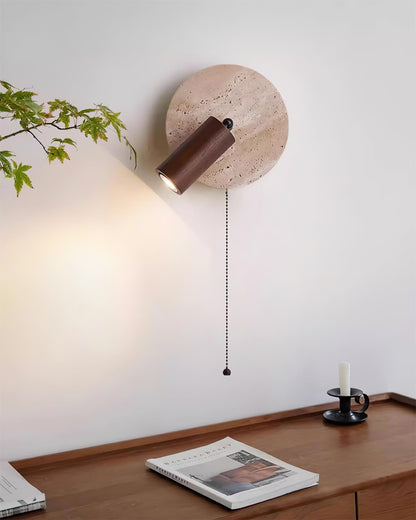 Wall Lamp Scandinavian with Travertine Disc Backplate and Swivel Spotlight