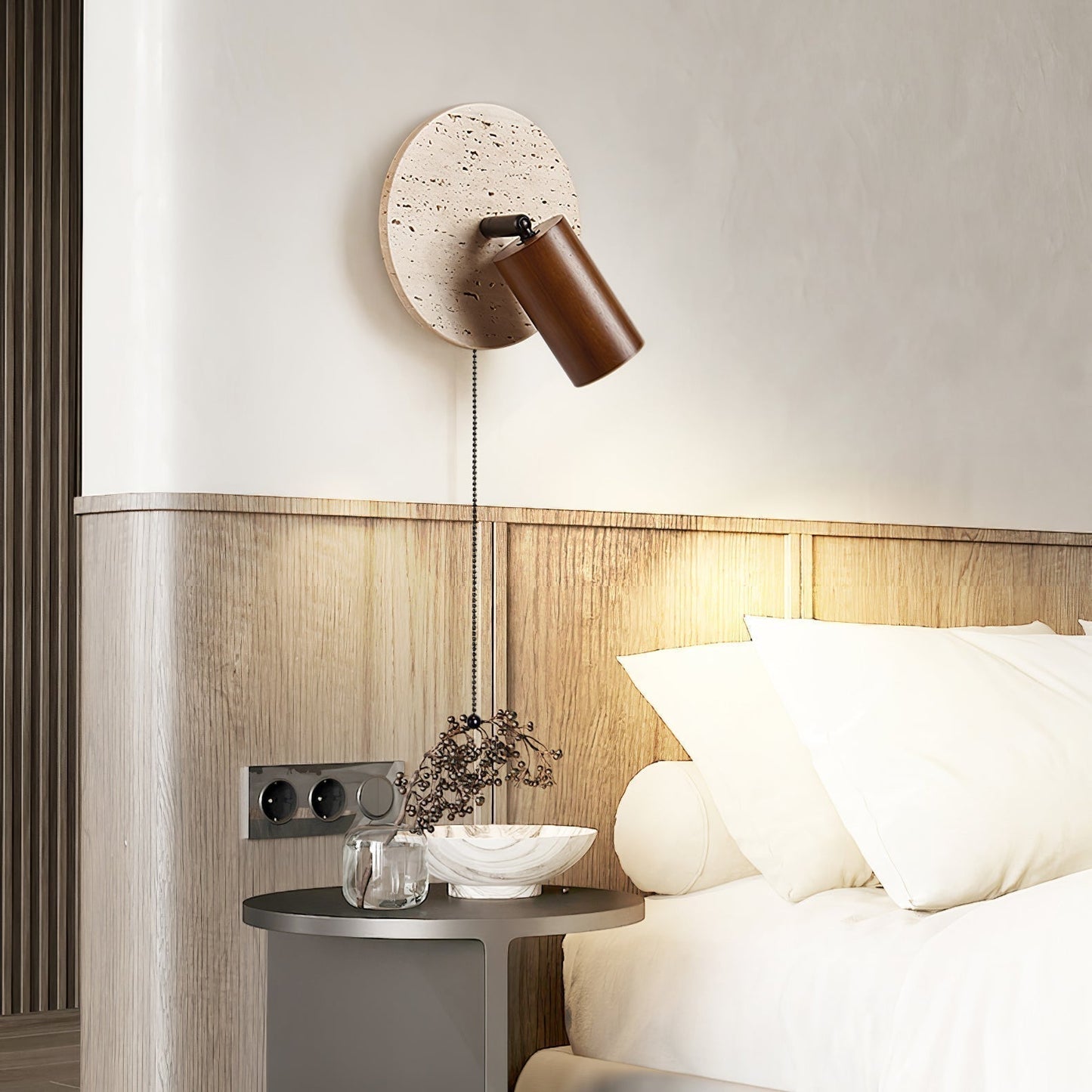 Wall Lamp Scandinavian with Travertine Disc Backplate and Swivel Spotlight
