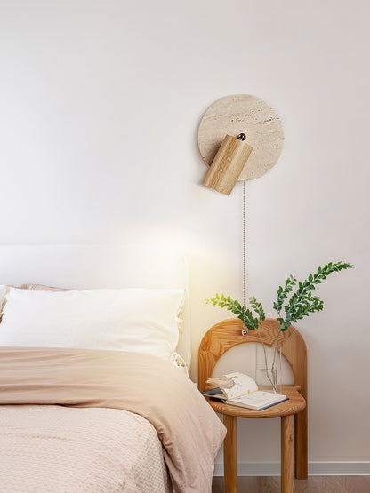 Wall Lamp Scandinavian with Travertine Disc Backplate and Swivel Spotlight