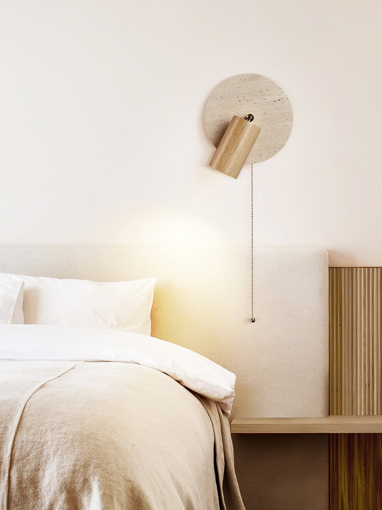 Wall Lamp Scandinavian with Travertine Disc Backplate and Swivel Spotlight
