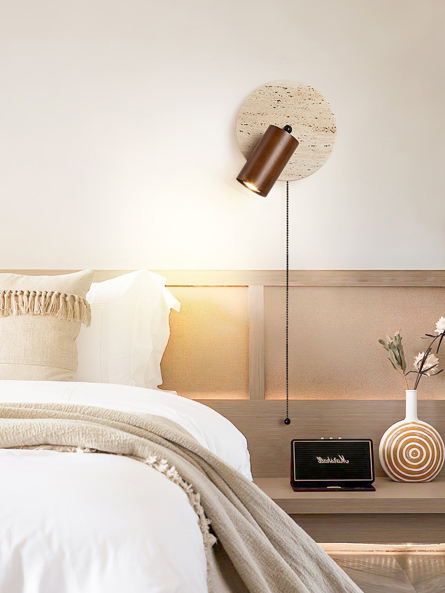 Wall Lamp Scandinavian with Travertine Disc Backplate and Swivel Spotlight
