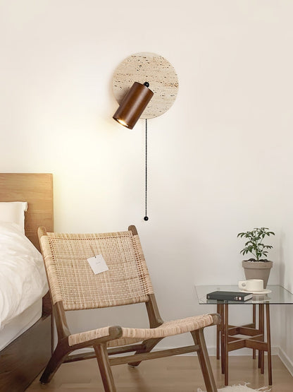Wall Lamp Scandinavian with Travertine Disc Backplate and Swivel Spotlight