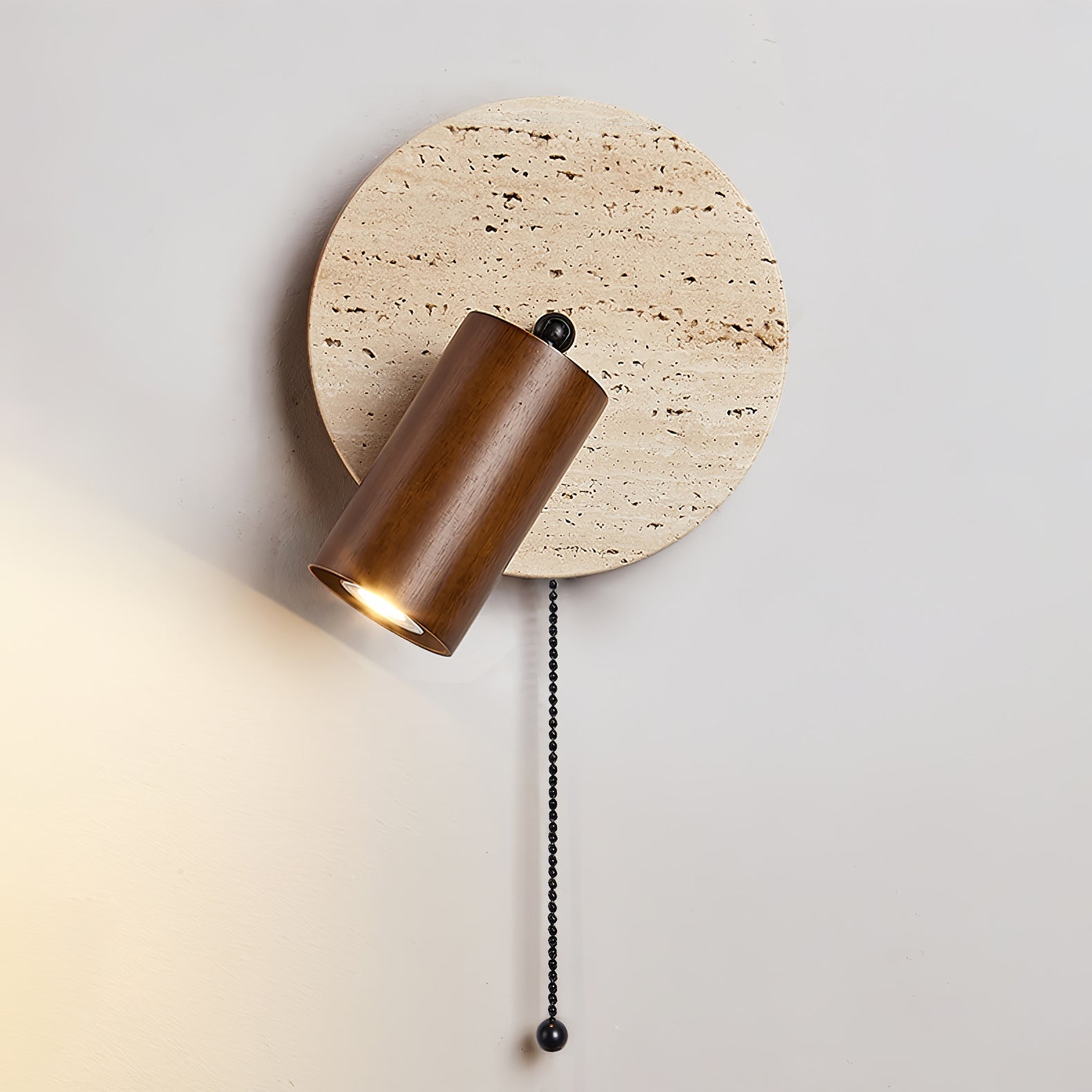 Wall Lamp Scandinavian with Travertine Disc Backplate and Swivel Spotlight
