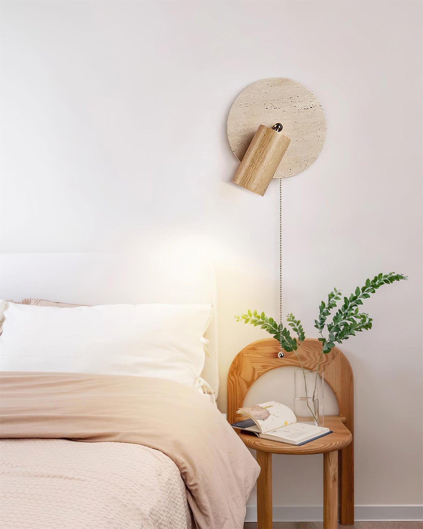 Wall Lamp Scandinavian with Travertine Disc Backplate and Swivel Spotlight