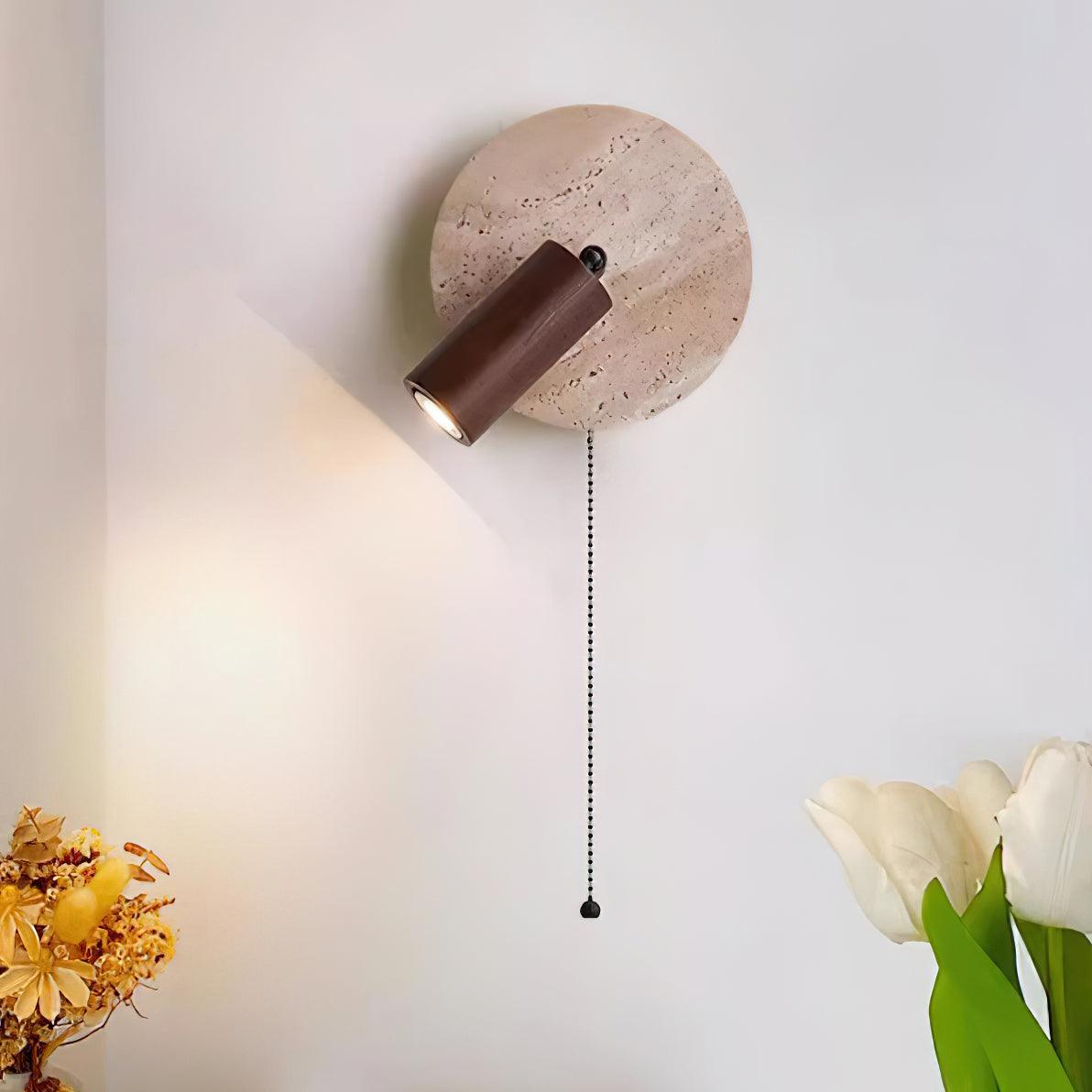 Wall Lamp Scandinavian with Travertine Disc Backplate and Swivel Spotlight