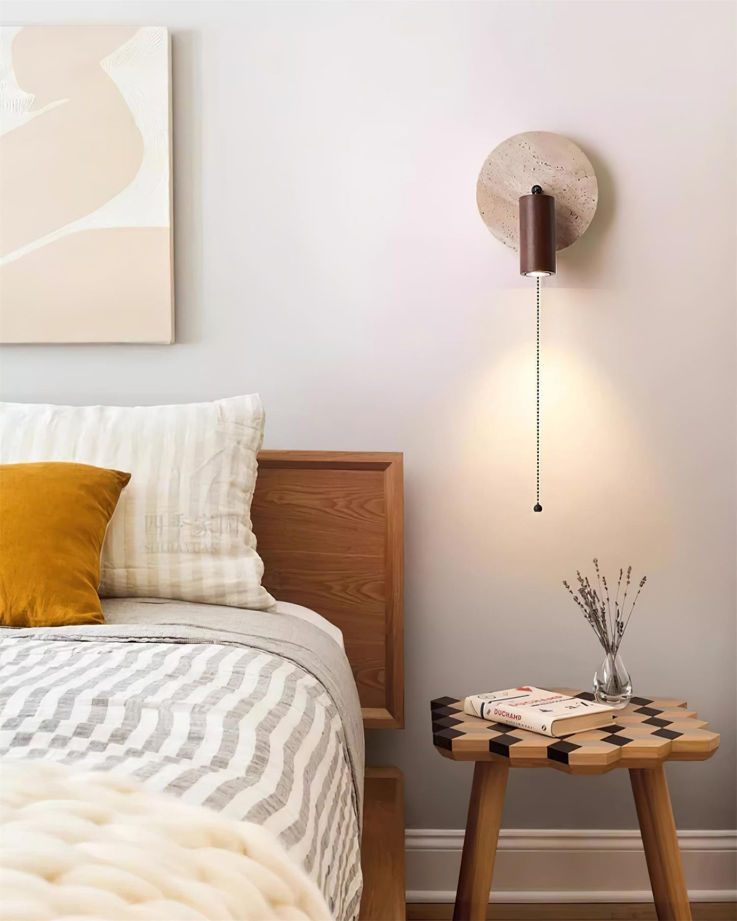 Wall Lamp Scandinavian with Travertine Disc Backplate and Swivel Spotlight