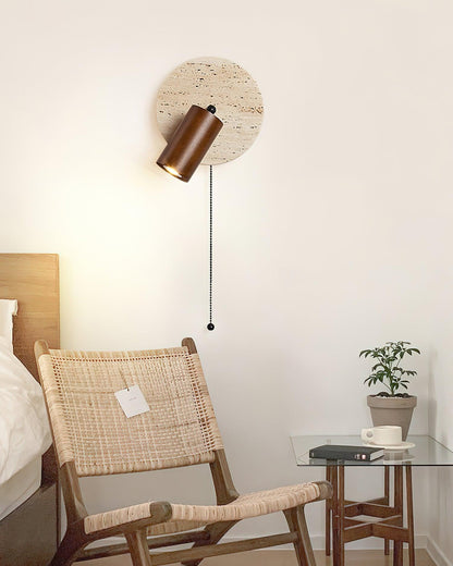 Wall Lamp Scandinavian with Travertine Disc Backplate and Swivel Spotlight