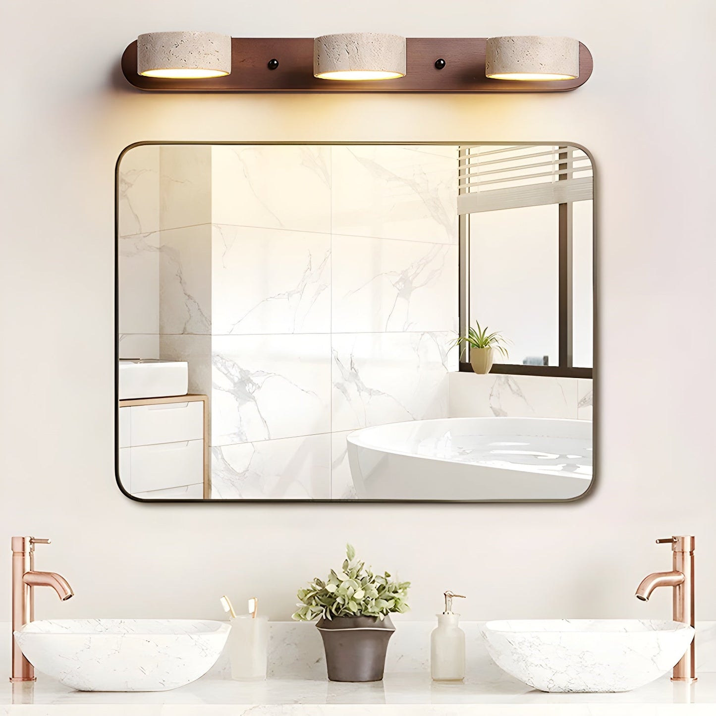 Wall Lamp Scandinavian with Travertine Stone Shades and Wood Base