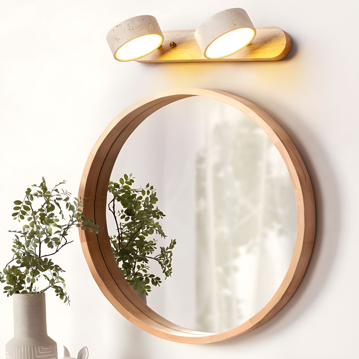 Wall Lamp Scandinavian with Travertine Stone Shades and Wood Base